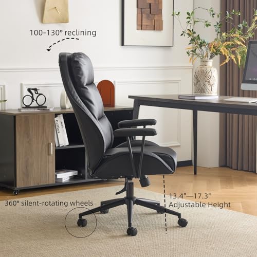 VINGLI Executive Ergonomic Office Chair with 100-130° Reclining, High-Back Desk Chair with Adjustable Base & Headrest Support & Wheels, Comfy Gaming Chair for Computer, Home Office, Pu-Leather, Black VINGLI