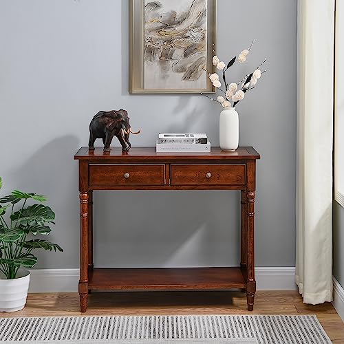 Entry Console Table with 2 Storage Drawers and Open Shelf, Traditional Console Table with Solid Wood leg, Foyer Tables for Entryway, Hallway, Blank Wall, 35.4”L x 13.8”W x 30.1”H, Cherry BrownSFZ004CR VERDANTREE