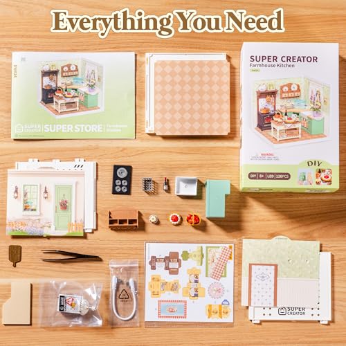 ROBOTIME Super Creator Kits, DIY Mini House Toy Building Set, Plastic Miniature House 126 PCS with Led, Building Set Kits for Creative Play Unique Hobby Gift Idea Birthday (Farmhouse Kitchen)