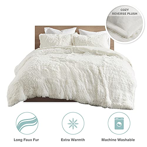 Intelligent Design Malea Shaggy Duvet with Quilted Box Design, Long Faux Fur Comforter Cover Cozy Bedding Set, Matching Shams, (Insert Not Included) Full/Queen, Ivory 3 Piece, 90x90 Intelligent Design