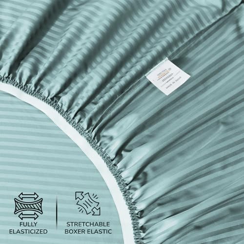 Feather & Stitch 500 TC Queen Size Bed Sheet Set, 100% Cotton Soft Breathable Bedsheets 4 Piece 18" Deep Pockets Sateen Weave Striped Bedding Mattress Resort Hotel Luxury - (Granite Green Stripe) FEATHER & STITCH NEW YORK