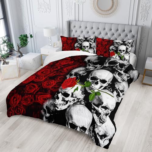 Tuzaovy Gothic Queen Size Bedding Set - Skull & Rose Comforter, Black & Red Quilt Tuzaovy