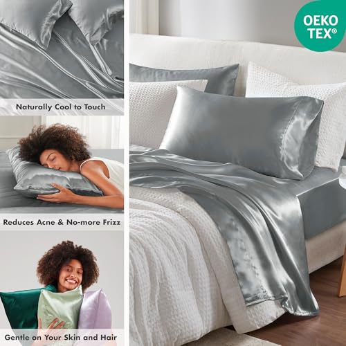 Madison Park Satin Sheets Split King Size, Luxurious Silky Bed Sheets, Elastic 14" Pocket fits up to 16" Mattress, Wrinkle-Free, Soft Satin Bed Sheet Set, Grey 7 Piece Madison Park