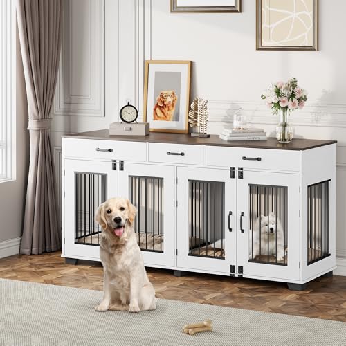 71 in Dog Crate Furniture for 2 Dogs, Wooden Double Dog Crate with 3 Drawers and Removable Room Divider, XXL Indoor Dog Kennel TV Stand End Table with Double Doors for Large Medium Dogs, White GarveeHome
