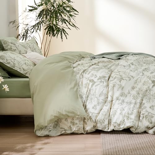 Bedsure Duvet Cover Queen Size - 100% Cotton Reversible Floral Queen Duvet Cover Set with Zipper Closure, 3 Pieces Soft & Breathable Botanical Green Bedding Set with 2 Pillow Shams 20"x26" Bedsure
