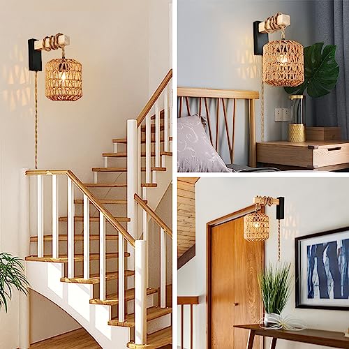 Capslad Plug in Wall Sconces Set of Two Dimmable Boho Rattan Wall Lamp with Wood Arm Rustic Wall Mount Lamp with Hemp Rope Cord Farmhouse Wall Light Fixture for Bedroom Living Room Hallway Entryway Capslpad