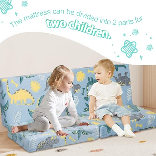 MeMoreCool Foldable Floor Mattress for Kids, Glow Dinosaur Trifold Mat, Kids Folding Mattress Portable Futon, Blue MeMoreCool