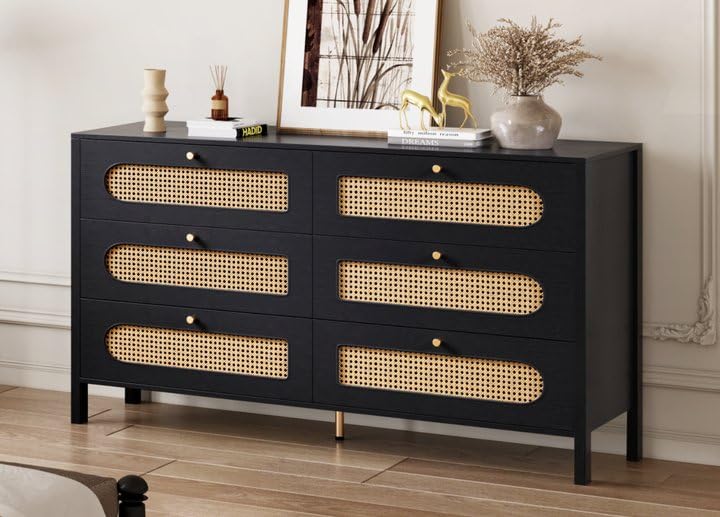 DWVO Natural Rattan 6 Drawer Dresser-Wooden Black Boho Double Dresser Chest of Drawers with Golden Handles-Modern Large Closet Dressers Storage Cabinet for Living Room/Hallway/Entryway DWVO