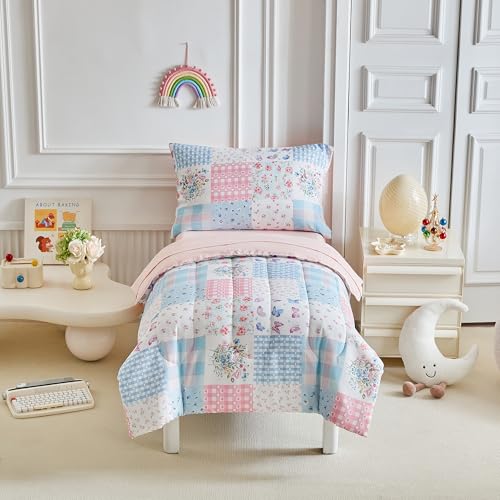 Joyreap 4 Piece Toddler Bedding Set- Pink n Blue Patchwork Design, Microfiber Toddler Bedding Comforter Set for Girls Joyreap
