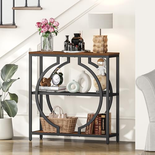 Snughome Entryway Table with 3 Tier Storage Shelves, Narrow Console Table Industrial Sofa Table with Circle Base, Behind The Couch Entrance Table for Hallway, Living Room, Foyer Snughome