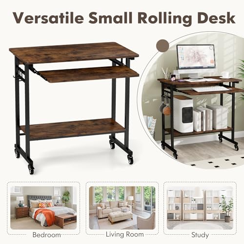 Tangkula Rolling Computer Desk Cart with Keyboard Tray, Mobile Portable Laptop PC Desk with CPU Stand & 3 Hooks for Sofa & Bed, Industrial Small Desk on Wheels for Small Spaces, Home Office Desk Tangkula