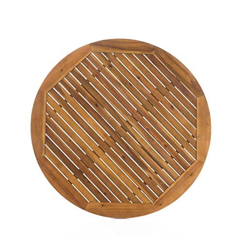 Christopher Knight Home Stamford Outdoor Wicker Dining Set with Acacia Wood Circular Table and Water Resistant Cushions, 5-Pcs Set, Teak Finish / Brown / Crème Cushion Christopher Knight Home