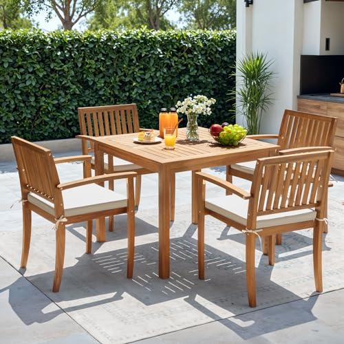 Greesum 5 Piece Patio Dining Set Outdoor Solid Wood Furniture for Yard, Garden, Porch w/Square Tabletop & 4 Chairs, White Greesum