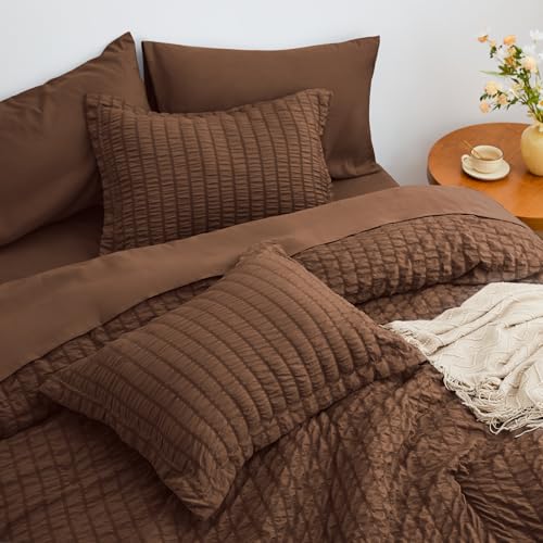 Love's cabin Seersucker Brown Full Comforter Set, 7-Piece All Season Lightweight Bed in a Bag Bedding Set with Comforter, Flat Sheet, Fitted Sheet, Pillowcases and Shams