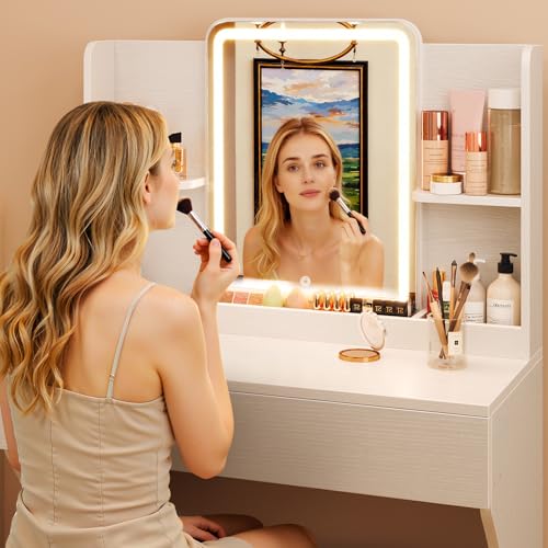 Vinabilia Small Vanity Desk with Mirror and Lights, Makeup Vanity with Storage Drawer, 2 Shelves and 3 Compartments - White Vinabilia
