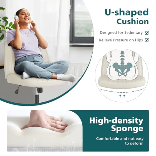 OLIXIS Criss Cross Chair with Wheels Wide Cross Legged Office Desk Vanity Chair Comfy Fabric Armless Adjustable Swivel for Home Computer Task PU Beige OLIXIS