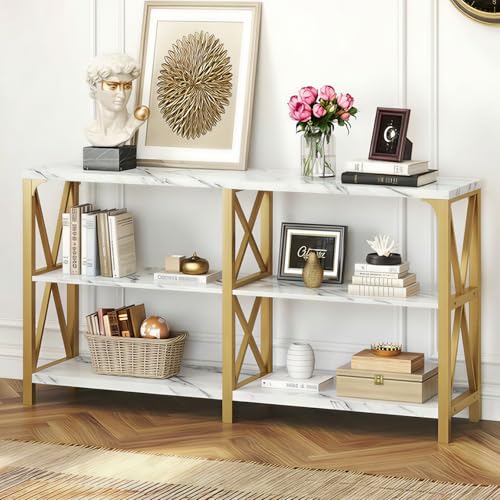 IBF Modern 3 Tier Entryway Table, Industrial Metal Wood TV Console Table with Storage Shelves, Farmhouse White Faux Marble and Gold Sofa Accent Table for Hallway Entry Way Foyer Living Room, 55 Inch IBF