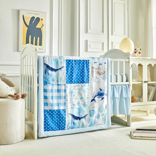 Patchwork Crib Bedding Set Blue Ocean Plaid Design 3 Pieces Baby Cute Quilted Comforter with Fitted Sheet and Bed Skirt - Whales Dolphins Turtles Seahorses Shell Marine Animals Style Crib Bed Set UOZZI BEDDING