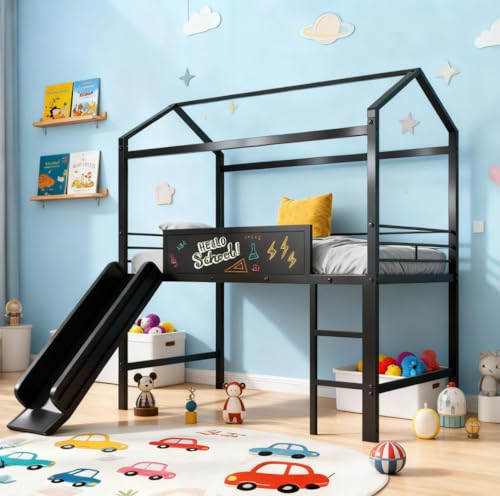 Bellemave Twin Metal Loft Bed with Fence and Two-Sided writable Chalkboard, Twin Size Metal House Bed with Slide and Ladder,for Bedroom Dorm,for Kids, Boys, Girls, Teens (Black) Bellemave