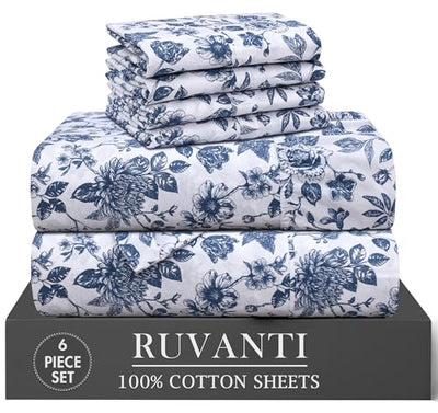RUVANTI 6 Pcs Cotton Sheets - 100% Natural Cotton Soft, Lightweight & Breathable Crispy Percale Bed Sheets, King Size Sheets Set 16" Deep Pockets, Wild Flower