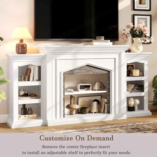 LGHM 80" Fireplace TV Stand for TVs Up to 90 Inch, Electric Fireplace with Mantel, Modern Entertainment Center with Storage, Realistic Stacked Stone Surround and 3D Flame Effect for Living Room LGHM