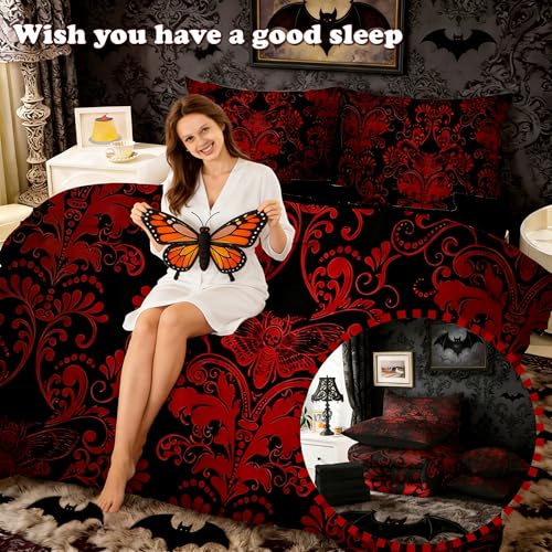 Erosebridal Gothic Damask Bed in a Bag Queen Comforter Set 7 Piece,Exotic Moth Bedding Sets Red Black Victorian Floral Goth Sheet Set with Comforter Erosebridal