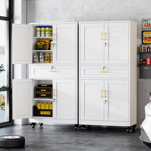 GAIOUS 71” Tall Metal Garage Storage Cabinet with Wheels and Drawer, Steel File Cabinet for Home Office, Tool Cabinet with 4 Locking Doors and 3 Adjustable Shelves, Rolling Cabinet for Garage - White GAIOUS