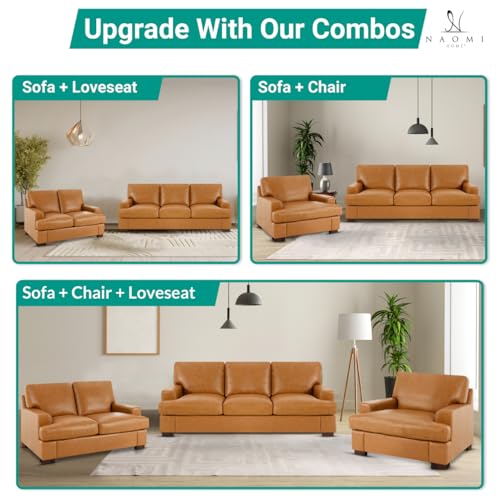 Naomi Home Siggy Genuine Leather Sofa - Luxurious Comfort, Goose Feather Cushion Filling, Square Arm Design, Sturdy Block Legs, Elegant Tan - Ideal for Living Room, Office, or Bedroom Naomi Home