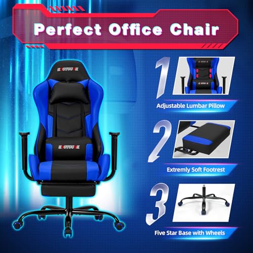ECOTOUGE PC Massage Gaming Chair with Footrest Ergonomic Office Desk Chair Racing PU Leather Recliner Swivel Rocker with Headrest and Lumbar Pillow, Blue ECOTOUGE