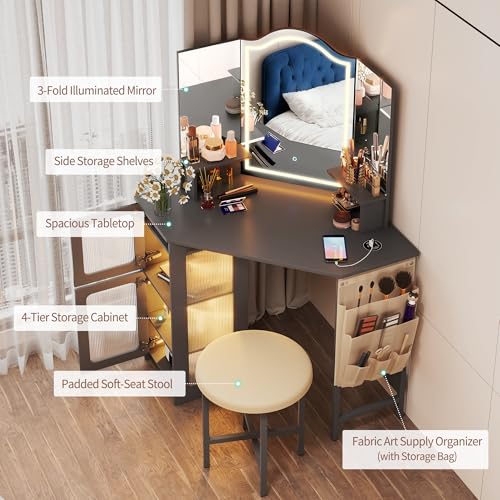 LVSOMT Corner Makeup Vanity Desk with Mirror and Lights, Dressing Table with Charging Station, Makeup Table with Stool, Storage Cabinet and Adjustable Shelf, Bedroom Vanity for Girls Women, Grey LVSOMT