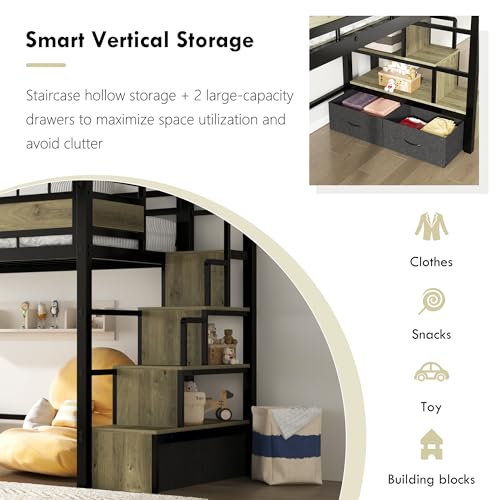 SDHYL Twin Size Loft Bed, with Storage Stairs & Drawers,Space-Saving Heavy-Duty Metal Bed Frame, No Box Spring Needed, Easy Assembly, Black SDHYL