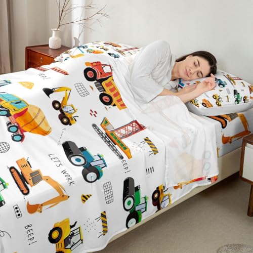 Excavator Bed Sheets King Size, Tractor Machinery Trucks Sheet Set, Kids Boys Construction Vehicle Fitted Sheet, Bulldozer Crane Equipment Truck Bed Sheet set With 2 Pillow Cases, Yellow Green Erosebridal