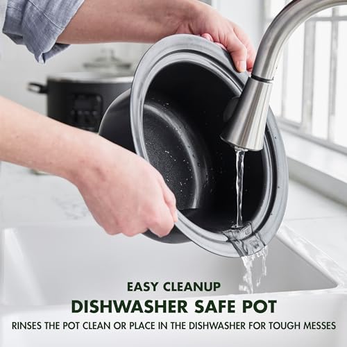 GreenPan 6-in-1 4QT Electric Ceramic Slow Cooker with Glass Lid, Multifunction Presets, Hard Anodized PFAS-Free Removeable Nonstick Crock, Dishwasher Safe, Auto Warm, Delay Timer, Stews, Reheat, Black GreenPan