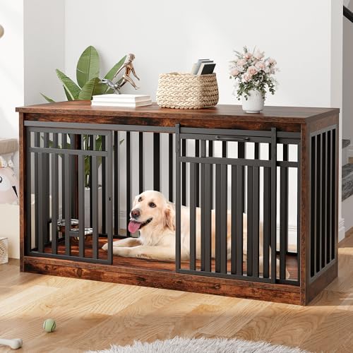 DWVO 55" Extra Large Dog Crate Furniture, Heavy Duty Metal Dog Kennel TV Stand with Sliding Door, Wooden Dog Cage Table with Dog Bowl for Extra Large Medium Dogs or 2 Small Dogs, Rustic Brown DWVO