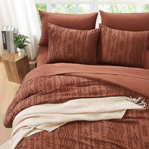 AMBERSPACE Queen Comforter Set Autumn Leaf, Tufted Boho Bedding Farmhouse Bed Set, All Season 7 Pieces Bed in a Bag with Sheets, Pillowcases & Shams AMBERSPACE