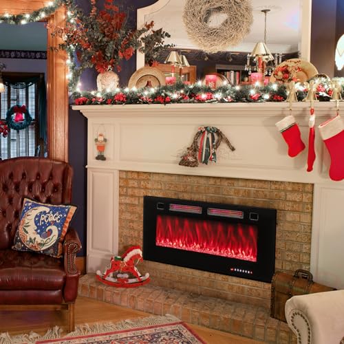 COSTWAY Ultra-Thin Smart WiFi Electric Fireplace 42-inch Wide, Compatible with Alexa & Google Assistant, 750W/1500W Fireplace Heater with 12 Flame and Flame Bed Colors, Remote/APP Control, Black COSTWAY