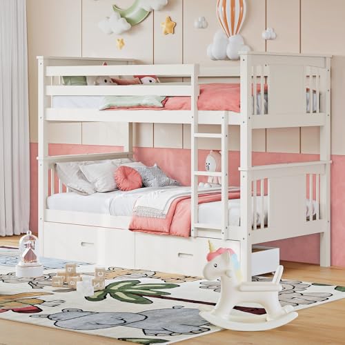 FUQARHY Bunk Bed Twin Over Twin with Storage Drawers, White Convertible Wood Twin Bunk Beds with Ladder and Safety Guardrail, No Box Spring Needed (White) FUQARHY