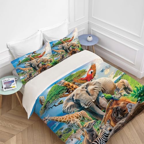 Funny Animals Bedding Set 3 Pieces Soft Lightweight Microfiber Zoo Print Bedspread Coverlet Set Jungle Elephant Giraffe Duvet Cover Twin Full Queen King Comforter Bed Set for Girls Boy Women Men exroozy
