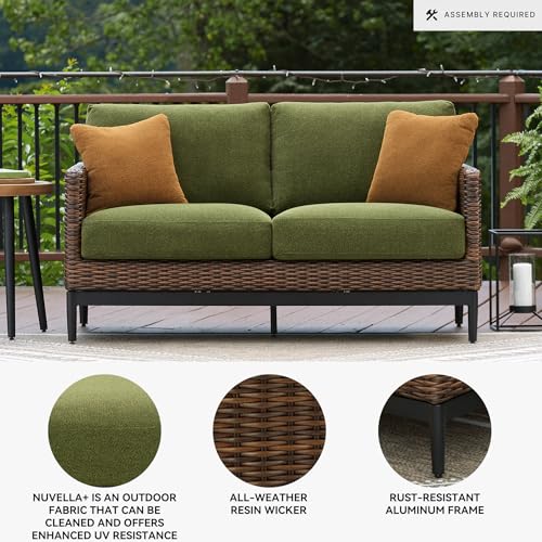 Signature Design by Ashley Horizon Hall Vintage Outdoor Weather Resistant Resin Wicker Loveseat with Cushion and 2 Accent Pillows, Green & Dark Brown Signature Design by Ashley