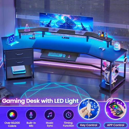Itaar 79" Gaming Desk with 2 Fabric Drawers, Long Computer Desk with Power Strip & LED Lights, U Shaped Desks with Storage and Cup Holder, Large Gaming Table for Bedroom, Carbon Fiber Black Itaar