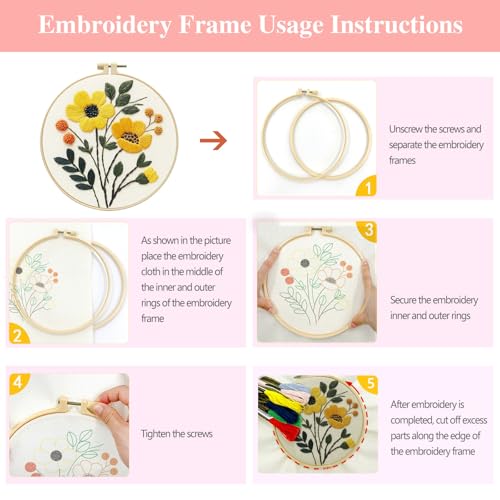 Zhenqing 3-Pack Floral Embroidery Kit for Beginners with Printed Patterns - Complete Embroidery Set with Hoop, Threads, Cotton Fabric & Tools for Home Decor (C0153)