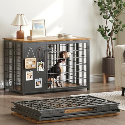 YATINEY Foldable Dog Crate Furniture, Dog Crate with DIY Frame, Heavy Duty Dog Kennel Indoor with Hooks, Wooden Dog Cage End Table, for Small/Medium Dogs, Rustic Brown and Black DC95BR