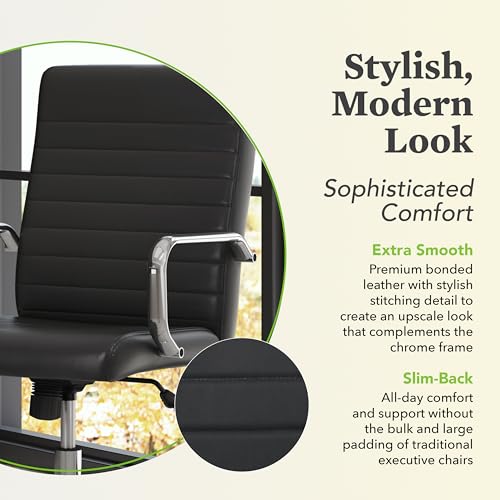 HON Sadie Executive Chair, Ergonomic Leather Office Chair with Chrome Arms and Back Support, for Computers, Desks, Home Offices, 360 Swivel, Black HON