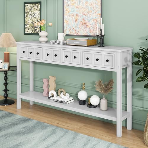 Merax Long Entryway Table with Storage Drawers and Bottom Shelf, 60" Farmhouse Narrow Console Table Sofa Table for Entryway, Antique White Merax