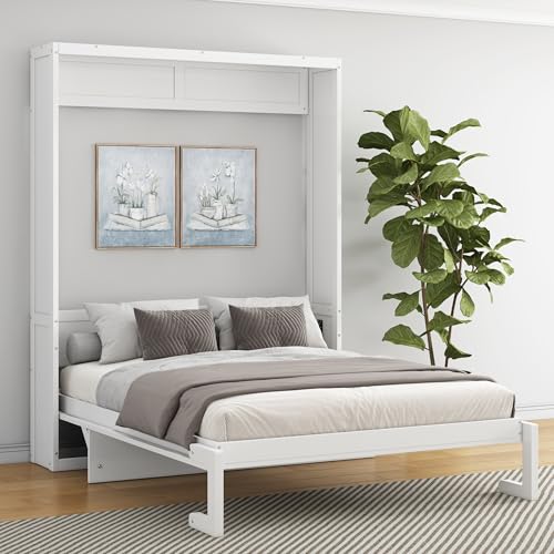 SOFTSEA Full Size Murphy Bed Cabinet with Desk, Space Saving Hidden Wall Bed Cabinet, White SOFTSEA