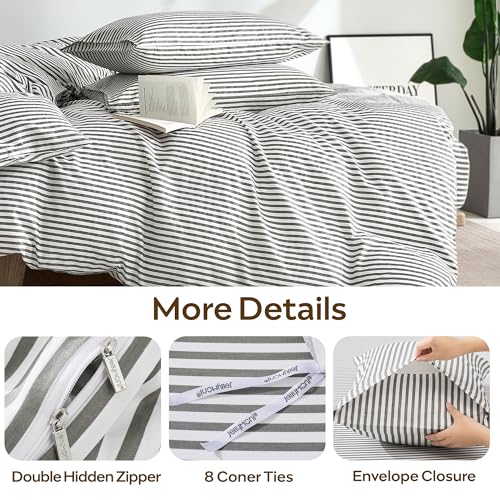 JELLYMONI 100% Natural Cotton 3pcs Striped Duvet Cover Sets,White Duvet Cover with Grey Stripes Pattern Printed Comforter Cover,with Zipper Closure & Corner Ties(Queen Size) JELLYMONI