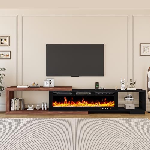 Bvldfamly Fireplace Extendable TV Stand for 120 Inch TV, Modern Entertainment Center with LED Light, Wood Reversible TV Media Console with Power Outlet for Living Room, 71"-116", Black Bvldfamly