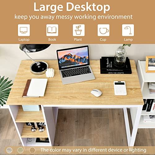 Tangkula Computer Desk with Storage Shelves, Home Office Desk with 5 Side Shelves & Metal Frame, Space Saving Laptop PC Desk, Writing Study Desk, Modern Vanity Desk for Bedroom (Natural) Tangkula