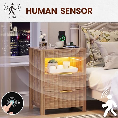 Dystler Fluted Night Stand with Gun Drawer, Wood Nightstand with Charging Station and Human Sensor, Modern Bedside Table with LED Light and Storage Shelf for Bedroom, Natural Dystler