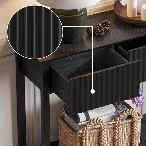 Treocho 47" Fluted Console Table with 3 Drawers, Narrow Long Entryway Table with Storage and Shelf, 2-Tier Sofa Table Behind Couch Accent Tables for Entrance Foyer, Hallway, Living Room, Black Treocho